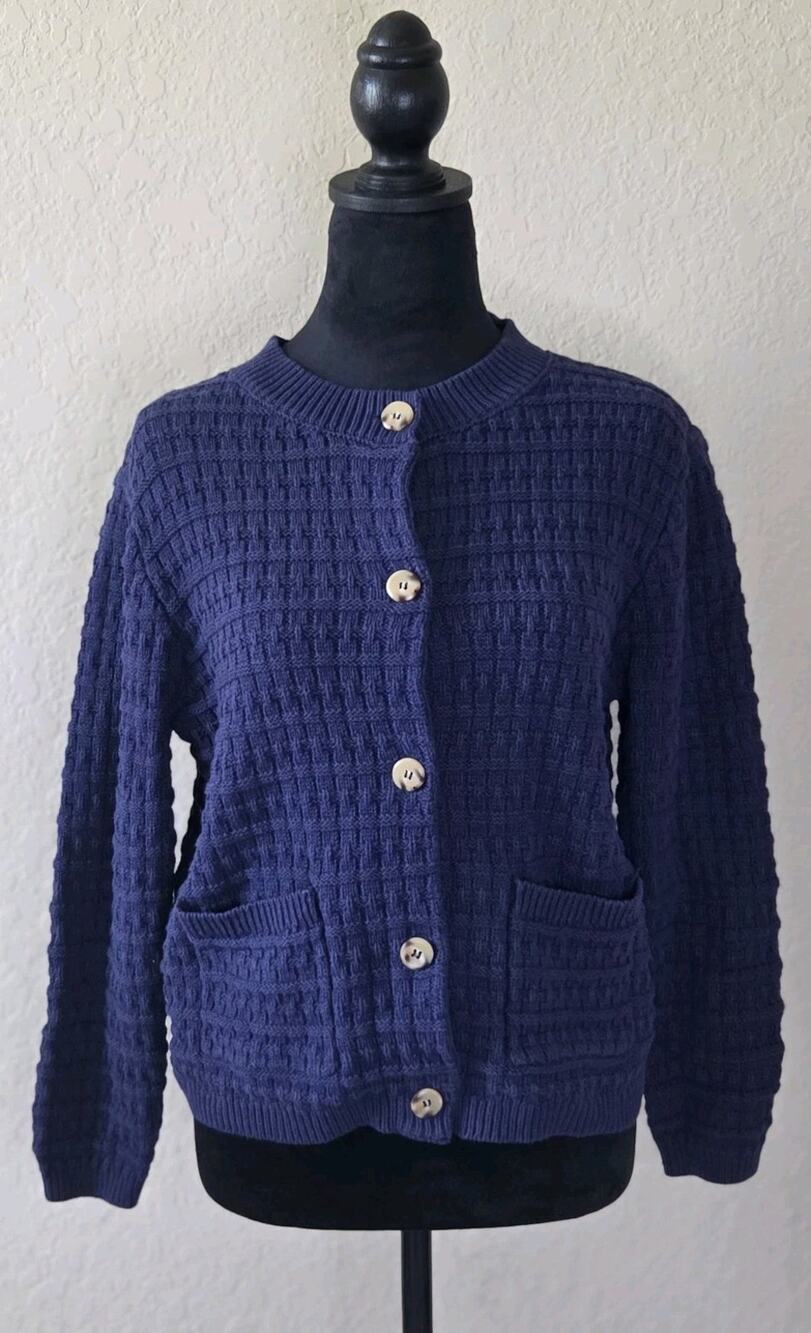 Lillusory Chunky Knit Cardigan Navy Blue Grandpa Coastal Grandma Sweater M